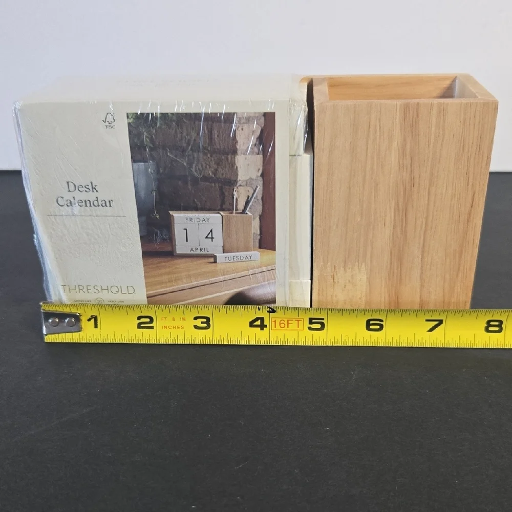 NEW Threshold Natural Wood Desk Calendar and Pencil/Pen Cup